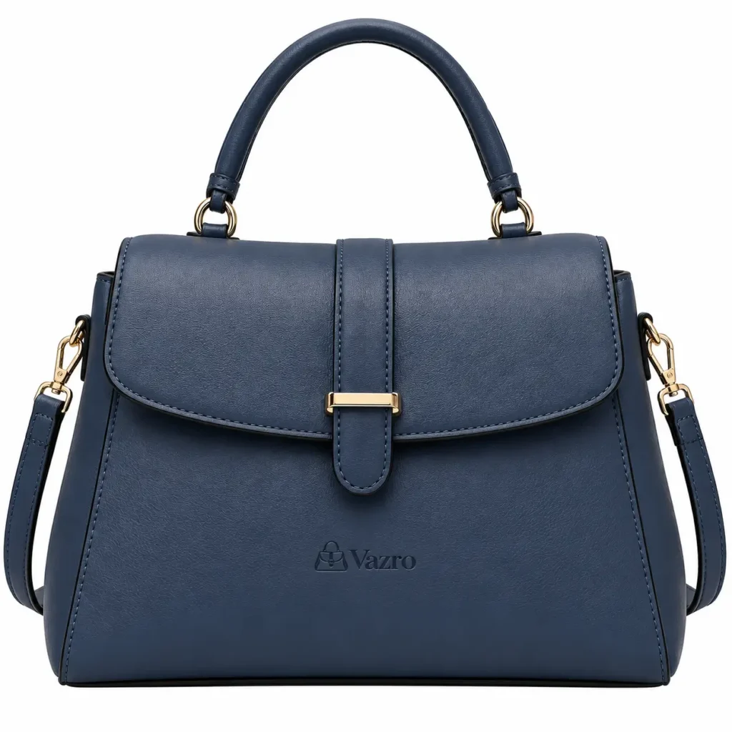 Vazro Navy Leather Satchel Handbag with Shoulder Strap